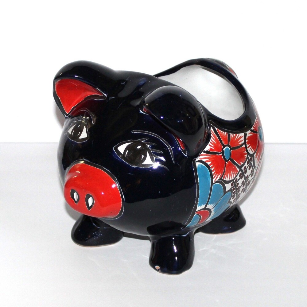 Mexican Pottery Pig Planter blue large 9" Talavera Mexico folk flower